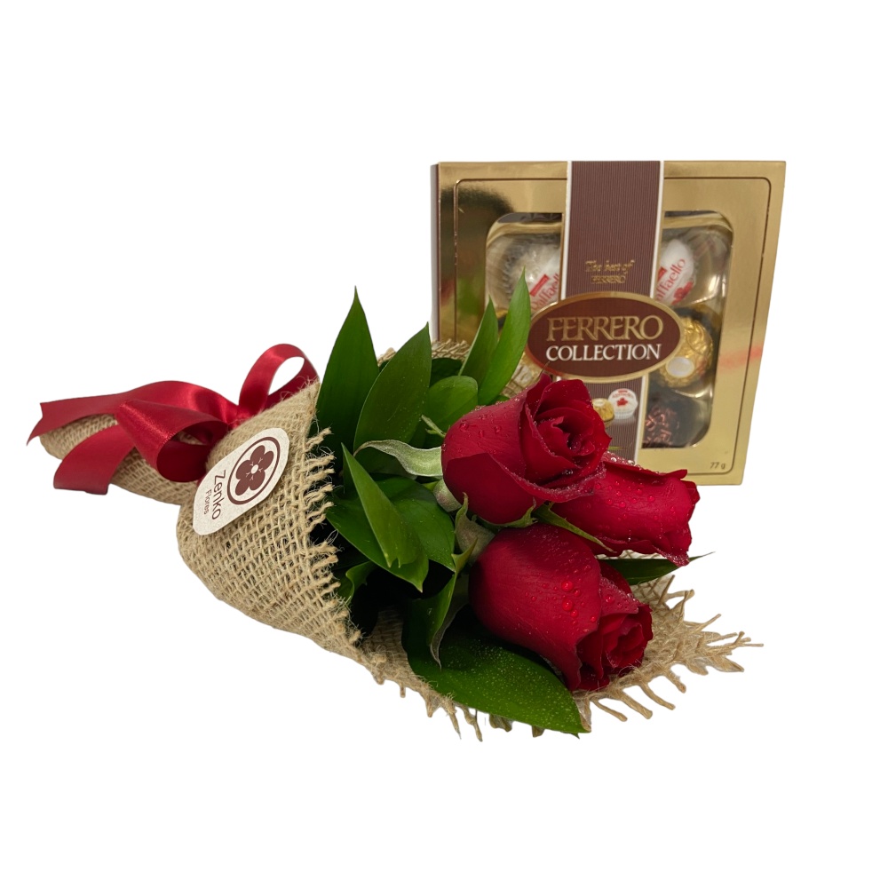Código: (6614) Buquê com 3 rosas vermelhas e chocolate Ferrero Rocher Collection